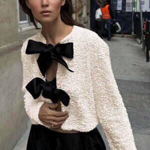 Sequined Velvet Bowknot Decor Jacket